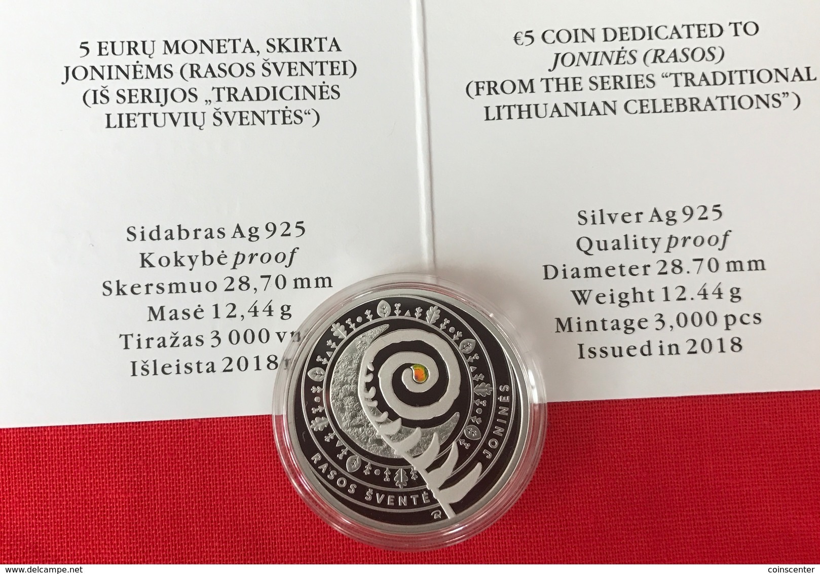 Lithuania 5 Euro 2018 "Jonines - Rasos" Silver PROOF - Lithuania