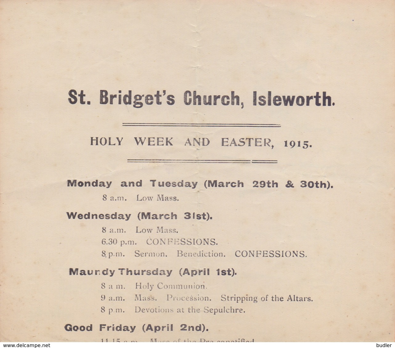 GREAT-BRITAIN :1915: ## St. Bridget's Church, Isleworth ##  Fragment Of The Programme Of The Holy Week And Easter 1915. - Europe