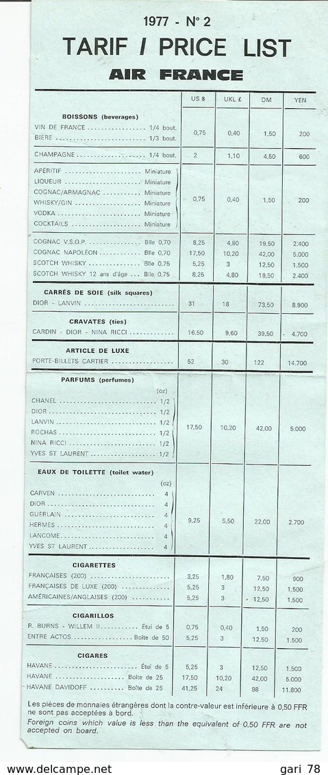 Tarifs AIR FRANCE En 1977 Boissons, Carrés De Soie, Cravates, Articles De Luxe, Parfums, Cigarettes Cigares - Transporte