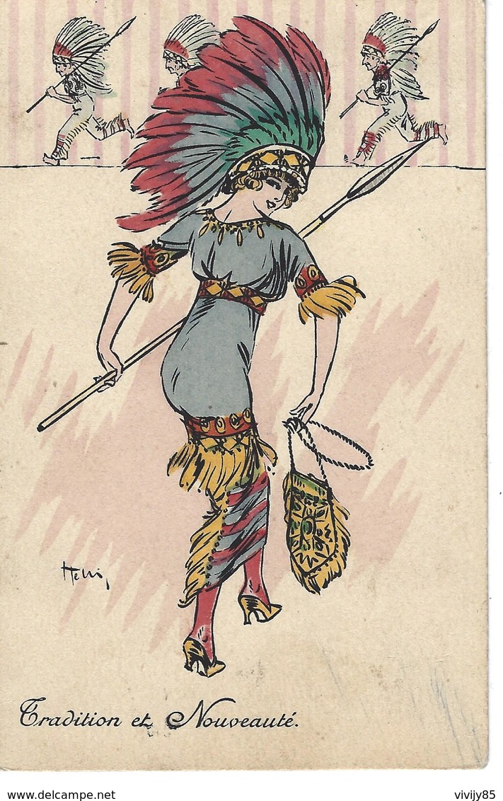 T.B Carte Fashion " Tradition Et Nouveauté " - Femme élégante En Tenue D'indien De L'illustrateur HELLI ( Louis Icart ) - Helli