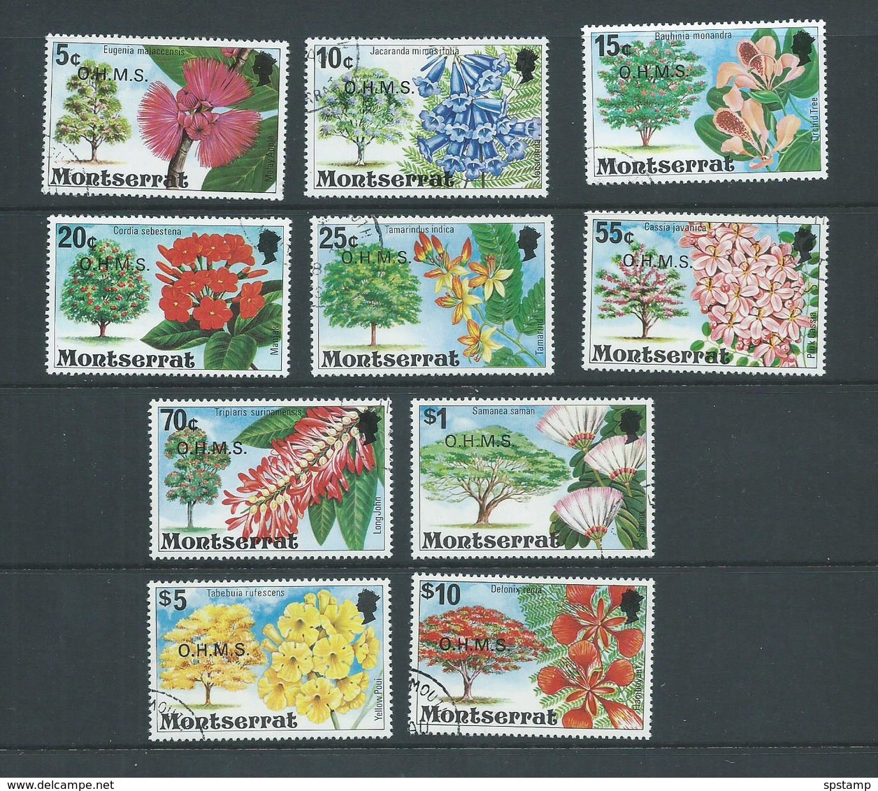 Montserrat 1980 OHMS Official Overprint On Flowering Tree Definitive Set 10 FU - Montserrat