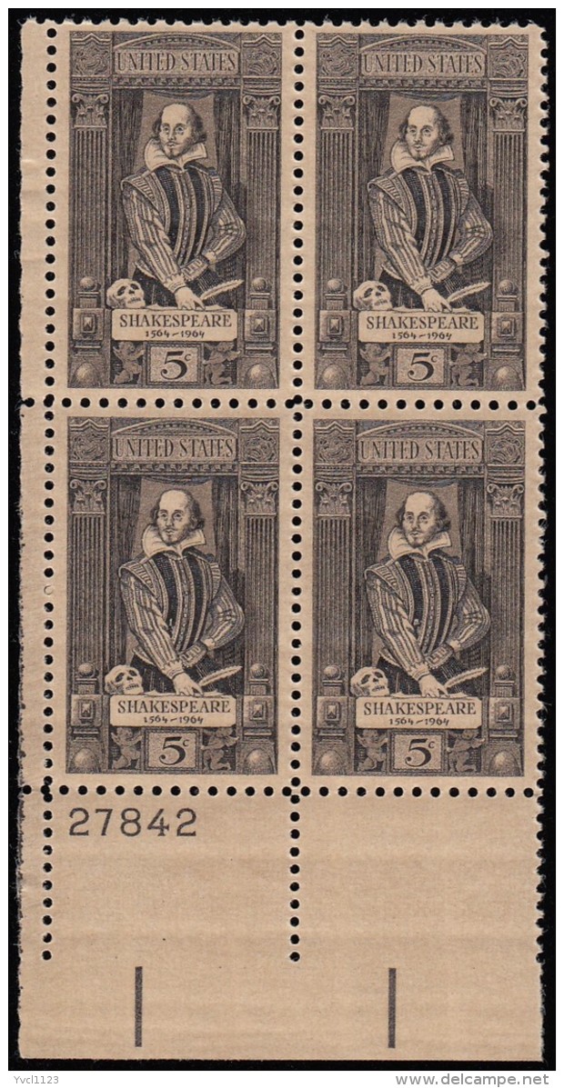 UNITED STATES - Scott #1250 William Shakespeare (1) / Mint NH Plate Block Stamp LL (pb1407) - Blocks & Kleinbögen