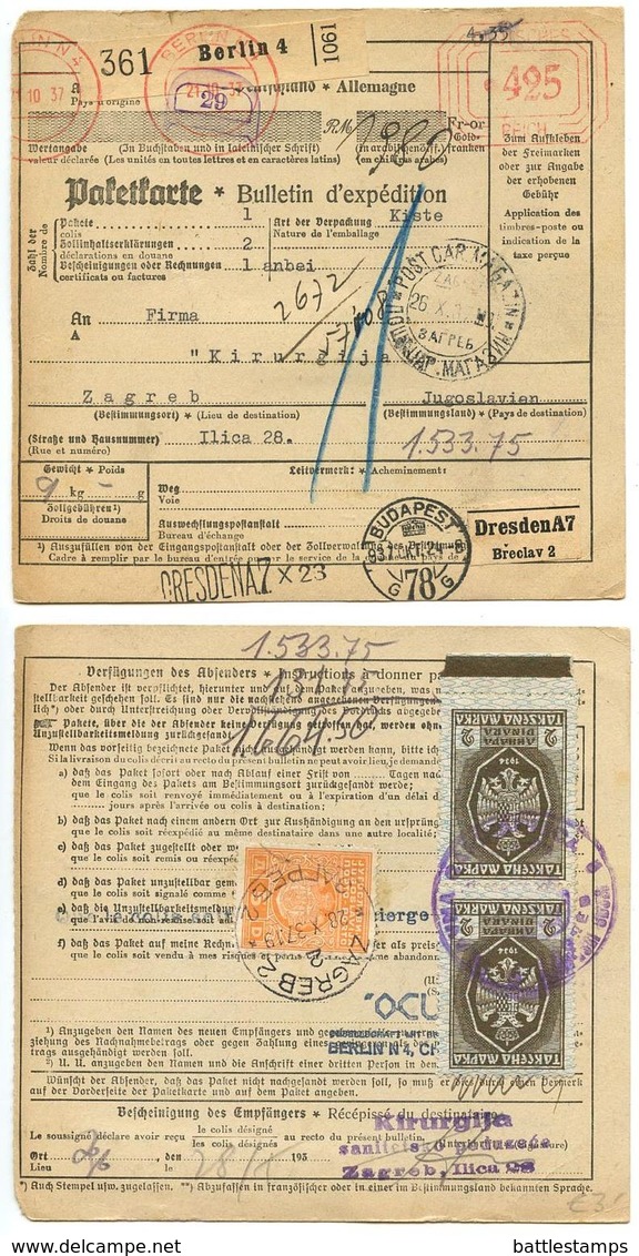 Germany 1937 Parcel Card Berlin To Zagreb, Yugoslavia Postage Due & Revenues - Briefe U. Dokumente