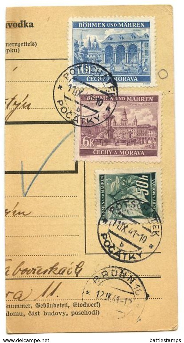 Czechoslovakia Bohemia & Moravia 1941 Parcel Card Počátky / Potschatek, Scott 26, 45, 47 - Covers & Documents
