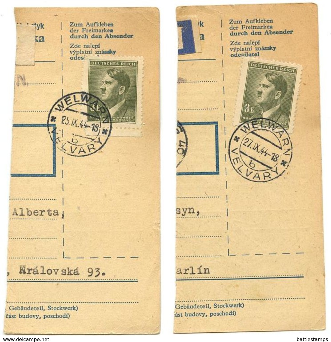 Czechoslovakia Bohemia & Moravia 1944 2 Parcel Cards Velvary / Welwarn, Scott 75 - Storia Postale