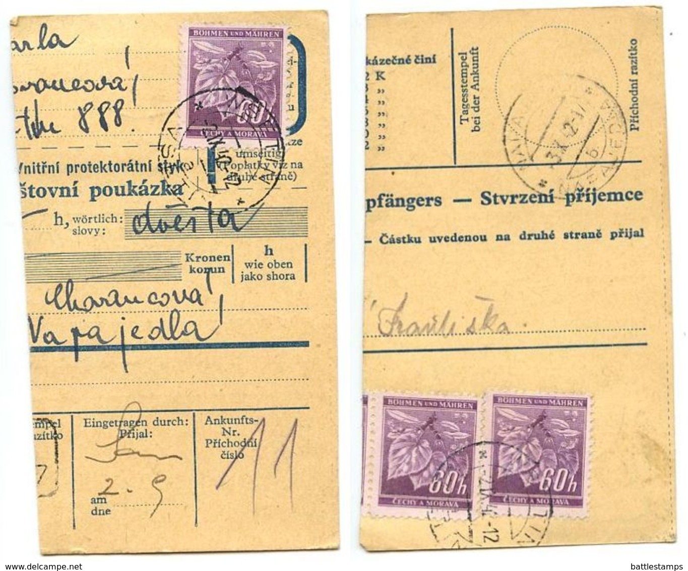 Czechoslovakia Bohemia & Moravia 1942 Parcel Card Vsetín / Wsetin, Scott 49 X 3 - Covers & Documents