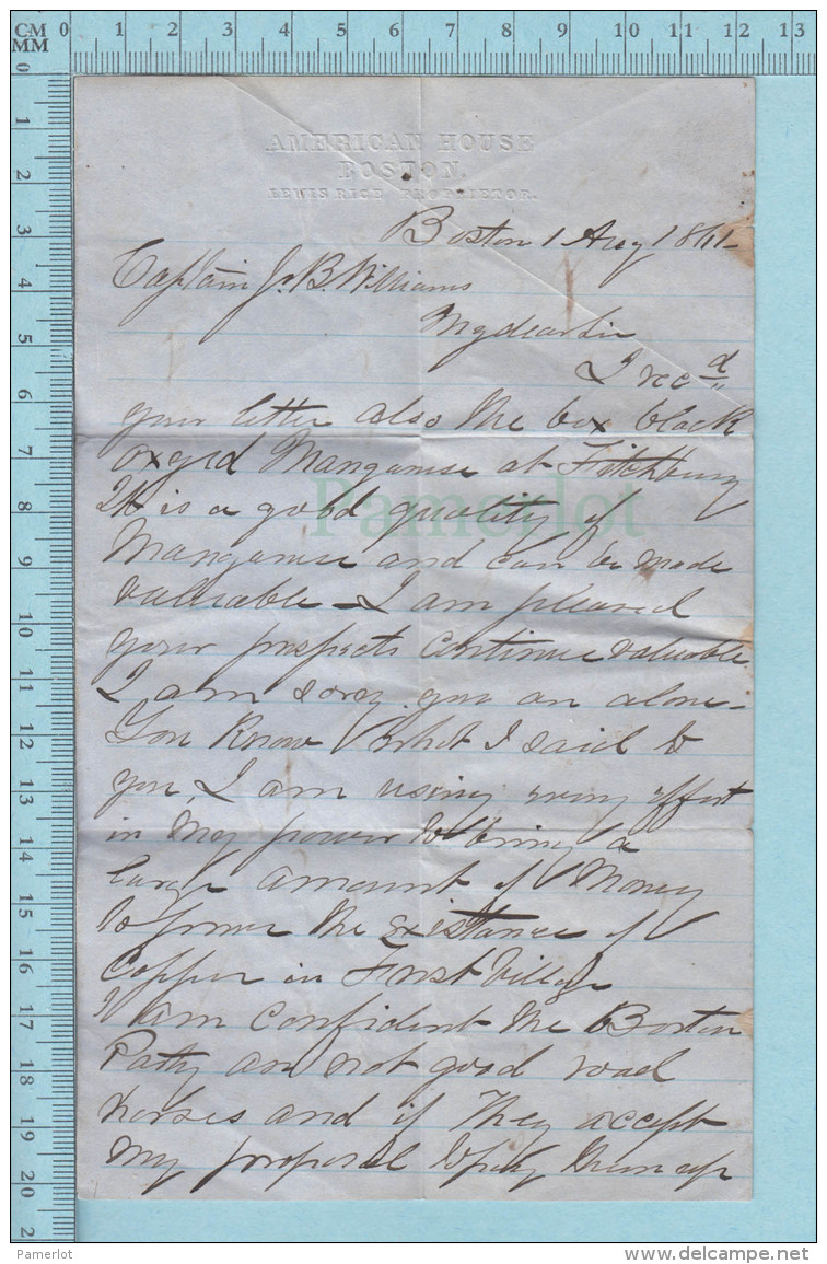 Exibit, 1863 - Commercial Embossed Letter From  American House Boston  To Captain J. B. Williams - Documents Historiques