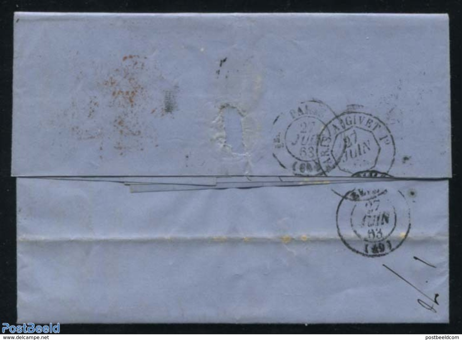 United States Of America 1863 Letter From Boston (jun 12) To Reims (F) (27 Juin 1863), (Postal History), Stamps - Marcofilia