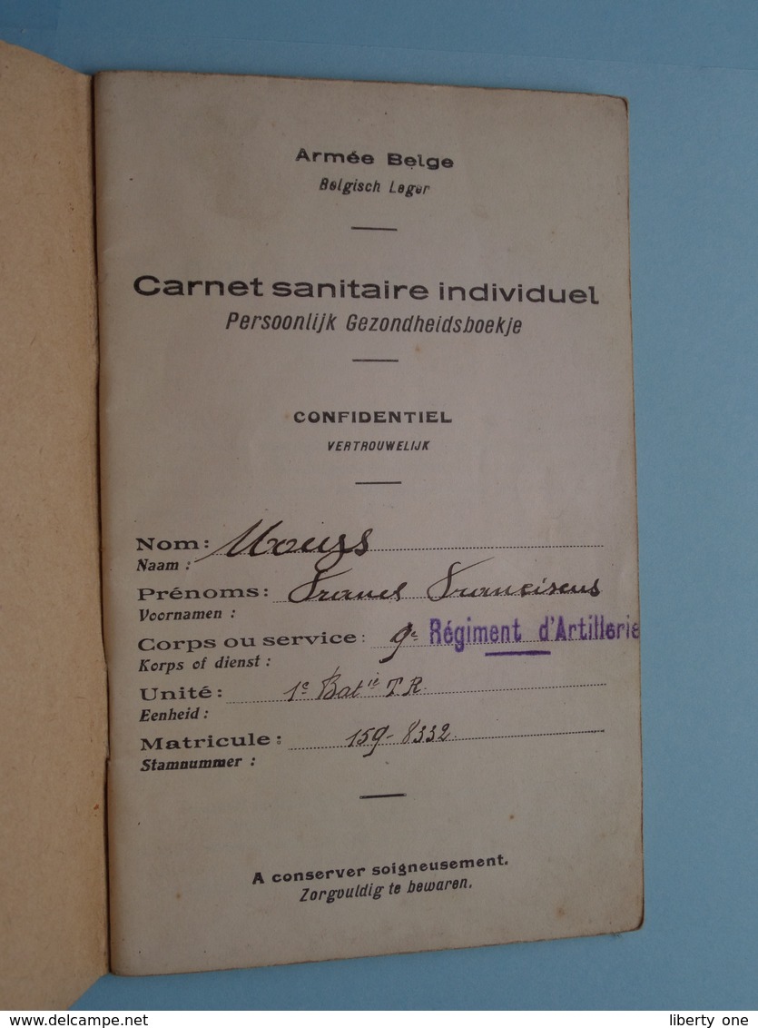 CARNET SANITAIRE INDIVIDUEL Armée Belge ( MOEYS - Craenhem 1903 ) - Anno 1923 ( Zie Foto's ) ! - Documents