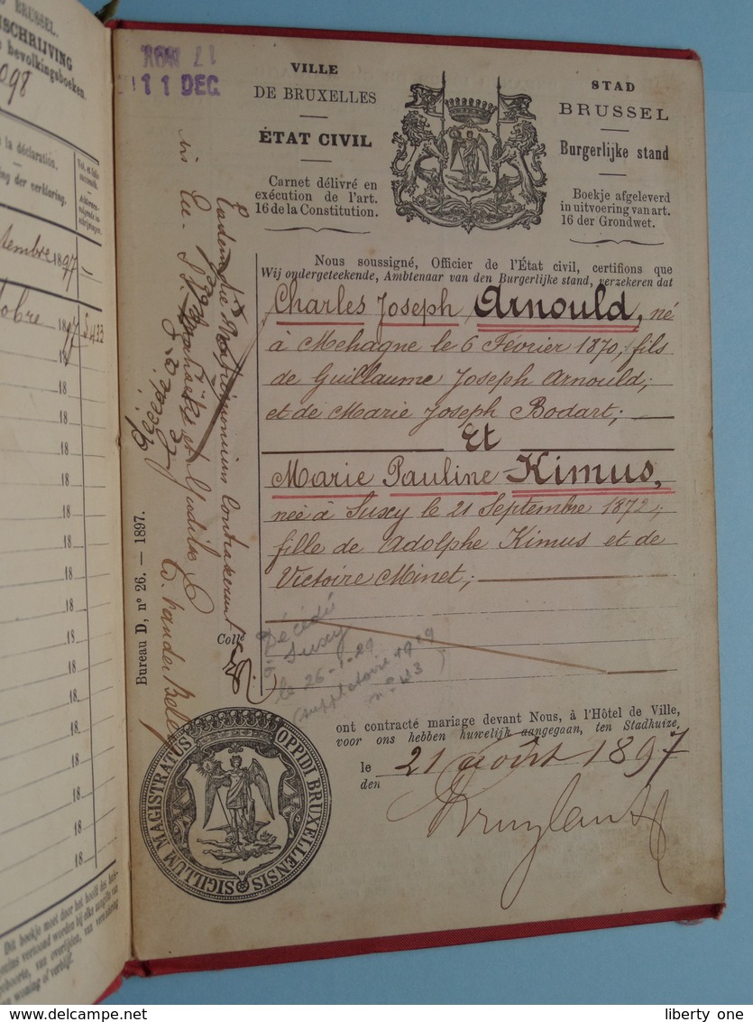 CARNET De MARIAGE ( BRUXELLES BRUSSEL ) ( ARNOULD 1870 & KIMUS 1872 ) - Anno 1897 ( Zie Foto's ) ! - Non Classés