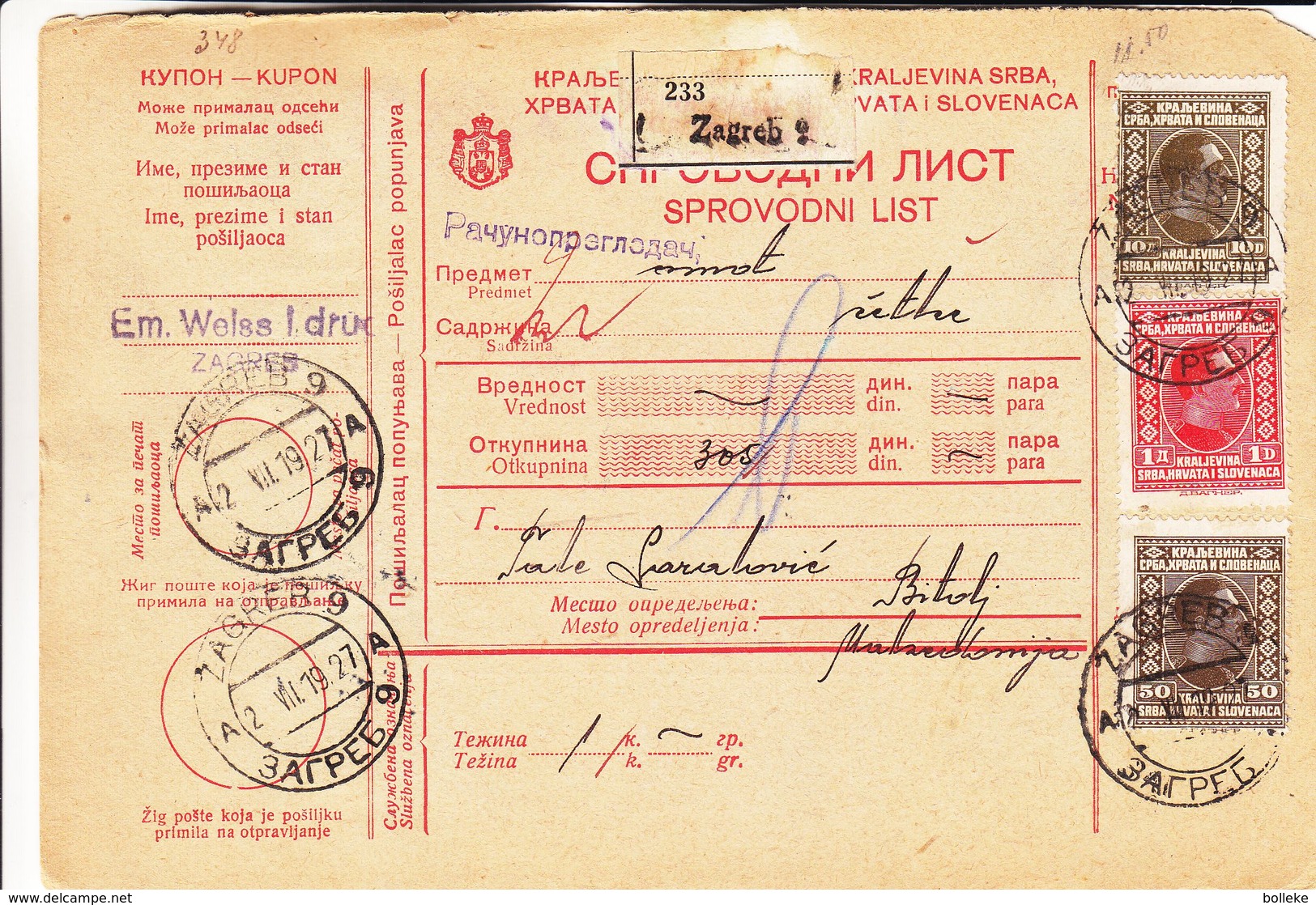 Yougoslavie - Document De 1927 ° - Oblit Zagreb - Cachet De Bitolj - Covers & Documents