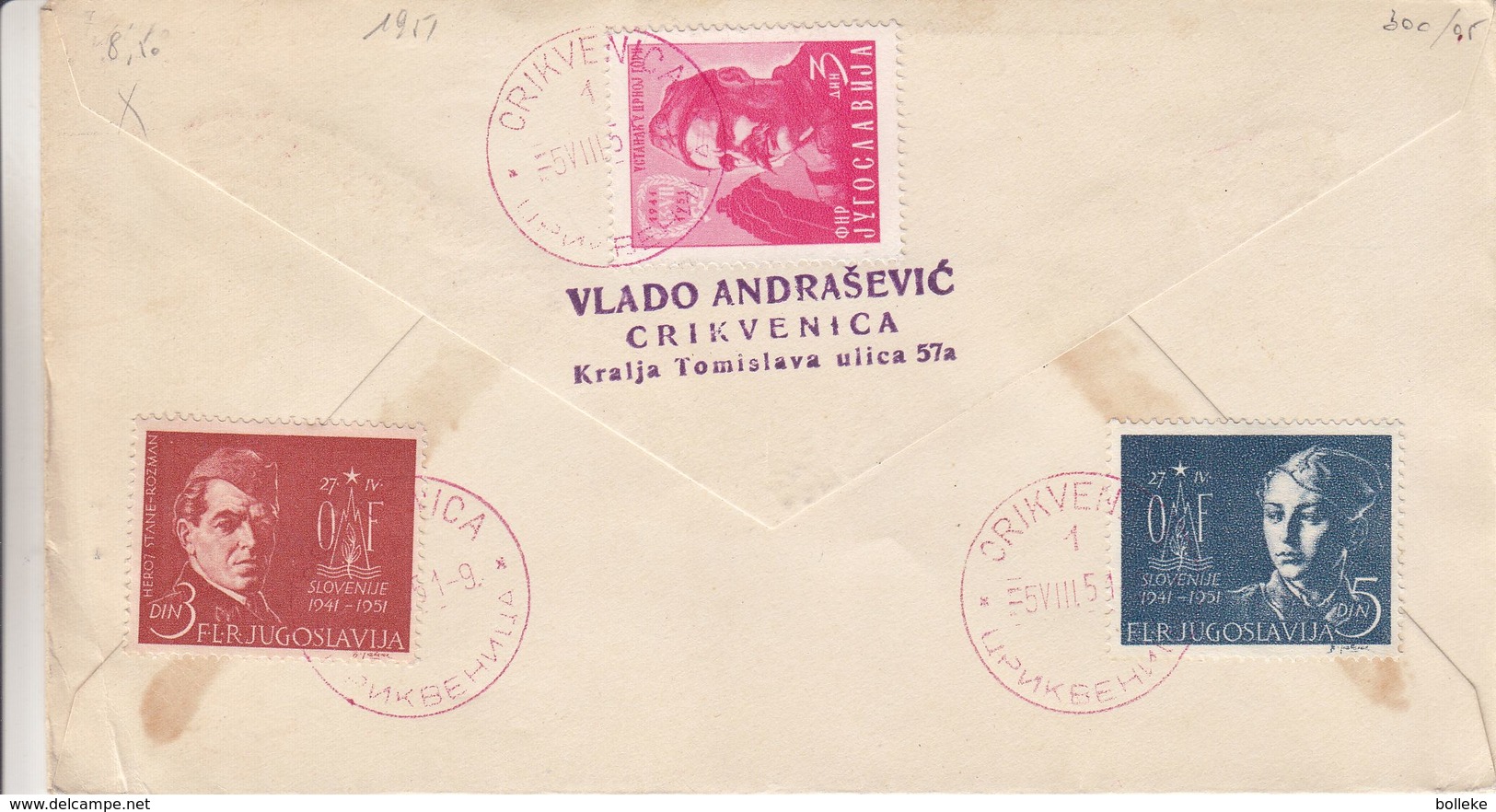 Yougoslavie - Lettre Recom De 1951 - Oblit Crikvenica - Exp Vers Kopenhaven - - Lettres & Documents