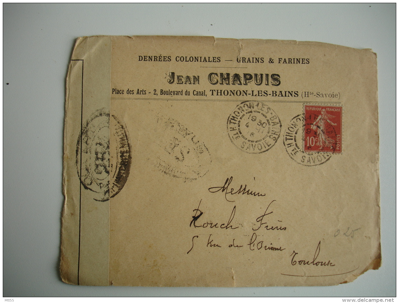 Lettre Ouverture Censure Militaire Enveloppe Commerciale Chapuis Thonon Les Bains Pour Toulouse Guerre 14.18 - Guerre De 1914-18