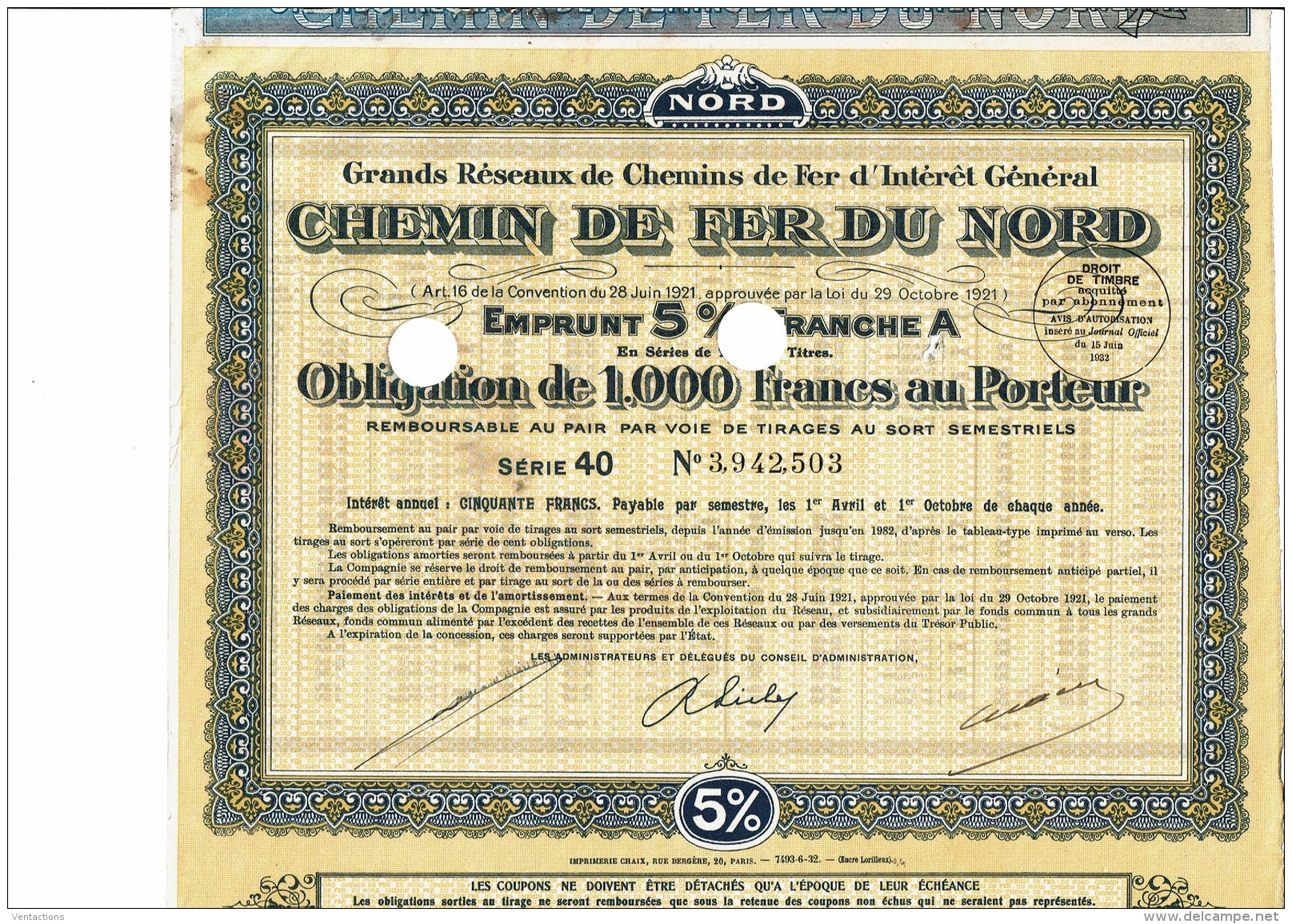 59-CHEMIN DE FER DU NORD. Oblig 1932 De 1 000 F - Other & Unclassified