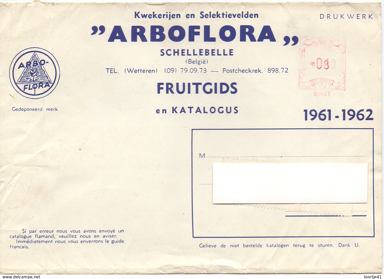 Wikkel - Omslag Enveloppe - Pub Reclame Arboflora Schellebelle - 1961 - 1962 - Wikkels Voor Dagbladen