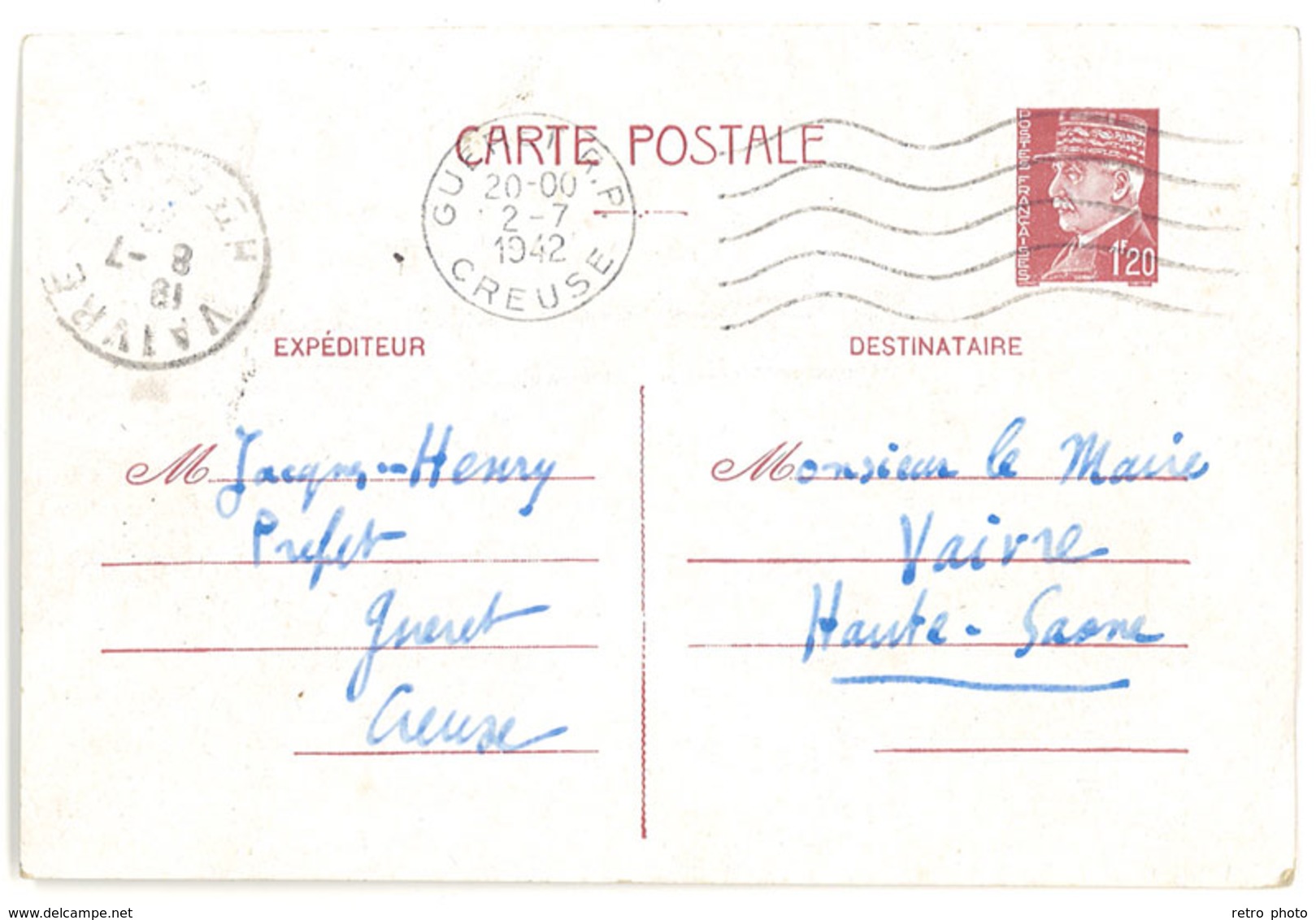 Cp Entier Postal, Correspondance Du Préfet De La Creuse, Guéret, Adressée à Vaivre   ( PHI ) - Cartes Postales Types Et TSC (avant 1995)