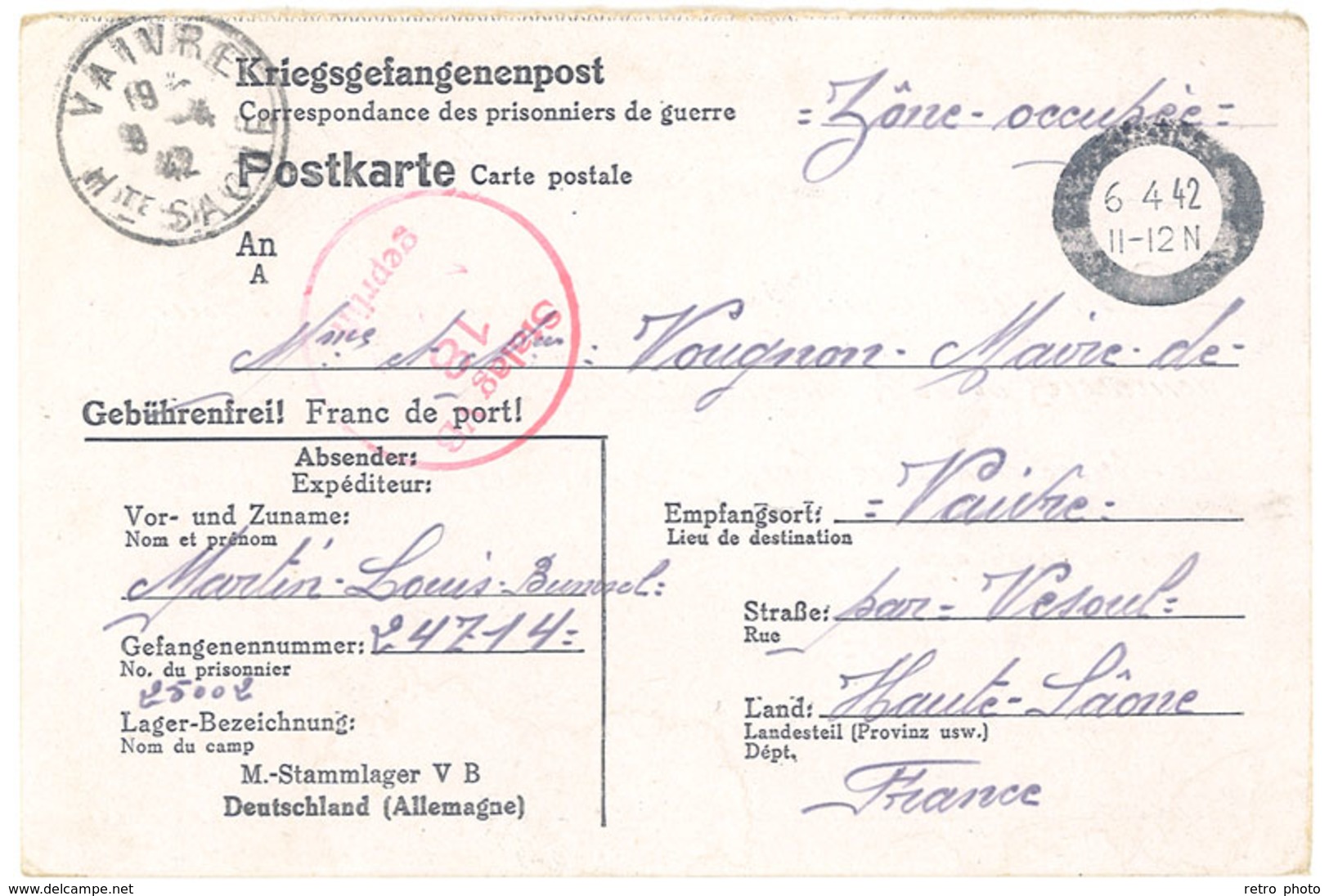 Cp Entier Postal, Correspondance Militaire, Stalag 18, Camp De Prisonniers, Adressée à Vaivre   ( PHI ) - Guerre De 1939-45