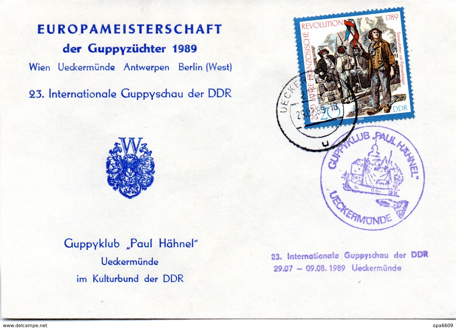 (DDR-B3) DDR Sonderumschlag "23. Internationale Guppyschau Der DDR" EF Mi 3259 TSt. 29.7.89 UECKERMÜNDE - Fishes