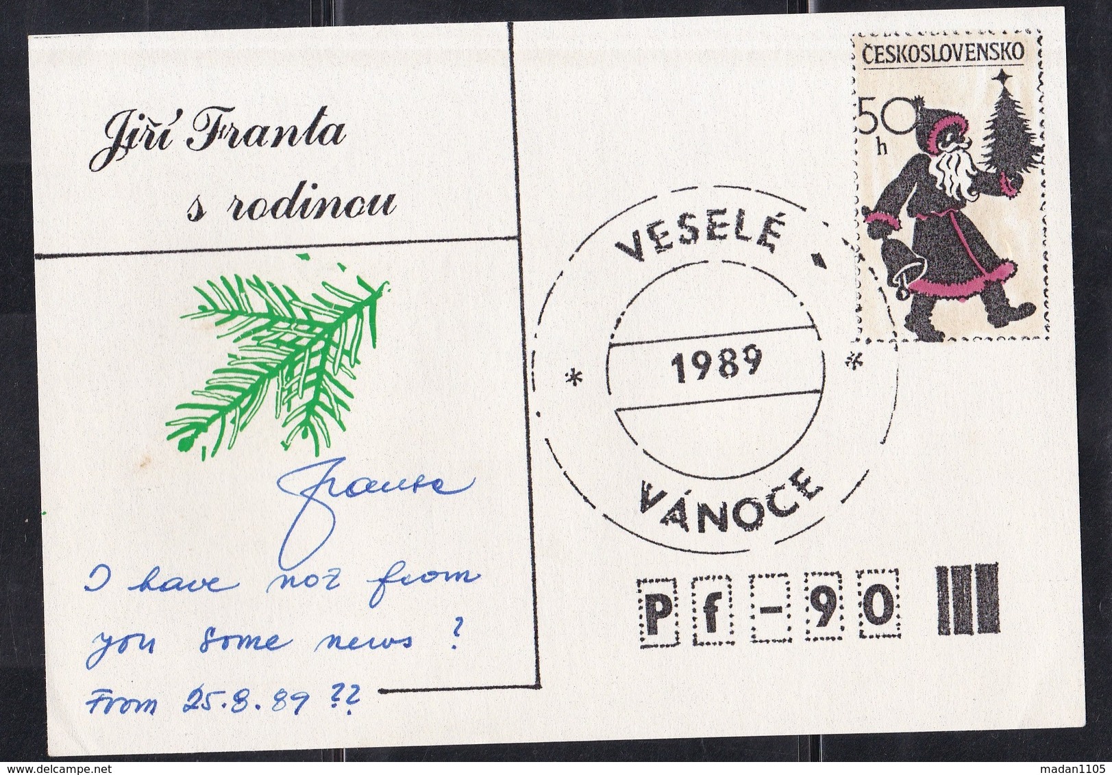 CZECHOSLOVAKIA, 1989, Post Card, Christmas Greeting, Printed Stamp - Covers