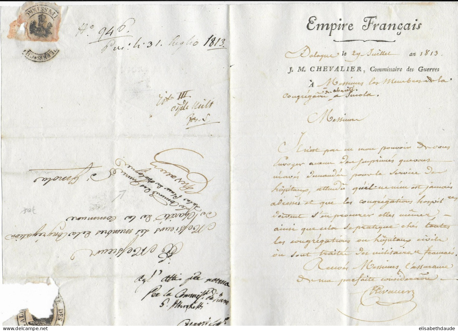 1813 - GUERRE ITALIE - LETTRE Du COMMISSAIRE Des GUERRES à BOLOGNE Avec RARE MARQUE FRANCHISE MANUSCRITE => IMOLA - Sellos De La Armada (antes De 1900)