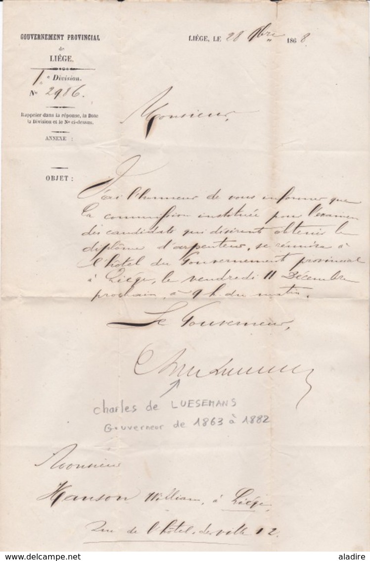 1868 - Lettre Officielle Du Gouverneur De La Province De Liège En Ville - Cursive - Charles De Luesemens - Andere & Zonder Classificatie