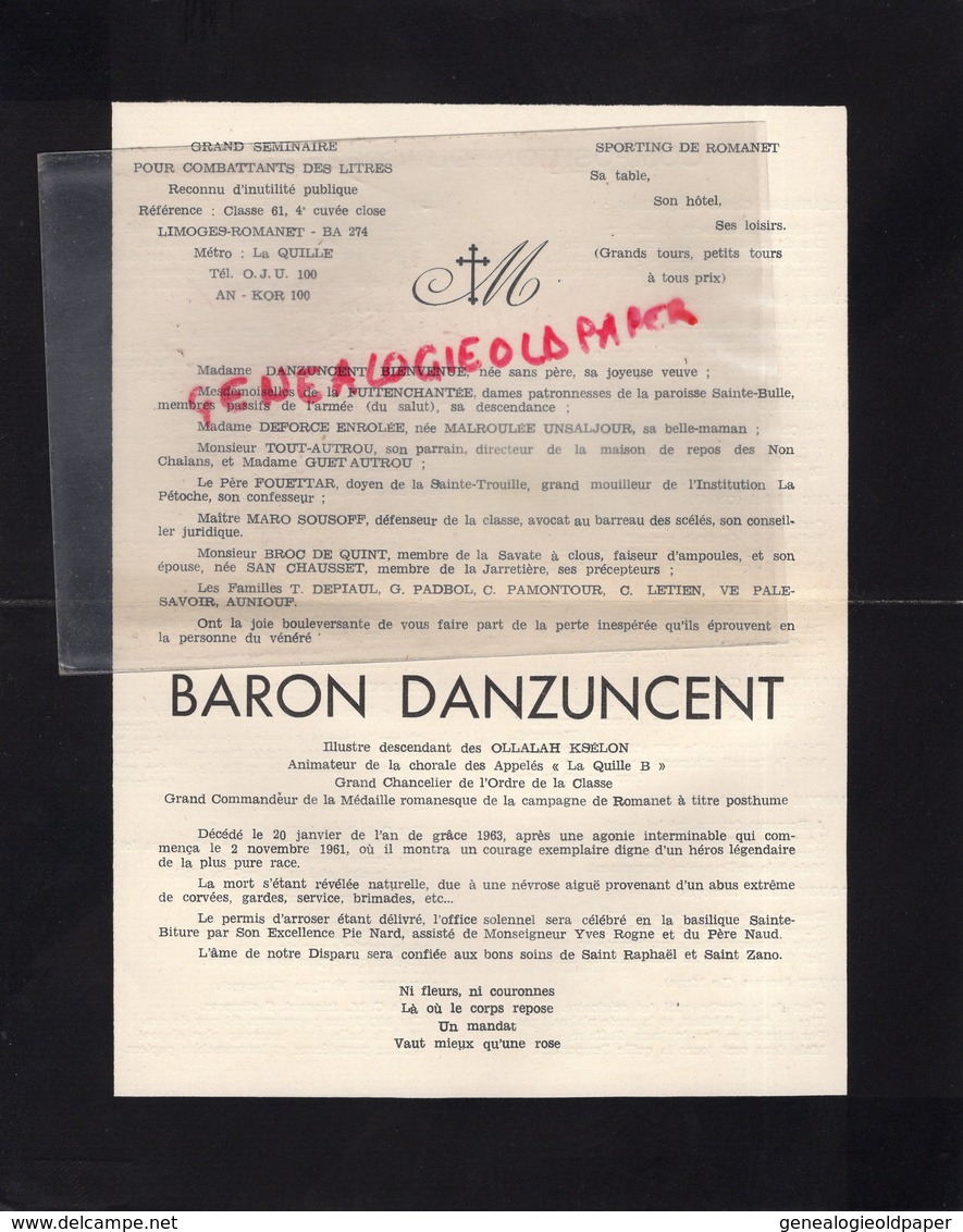 87- LIMOGES- FAIRE PART DECES SPORTING ROMANET- GRAND SEMINAIRE POUR COMBATTANTS DES LITRES-BARON DANZUNCENT - Obituary Notices