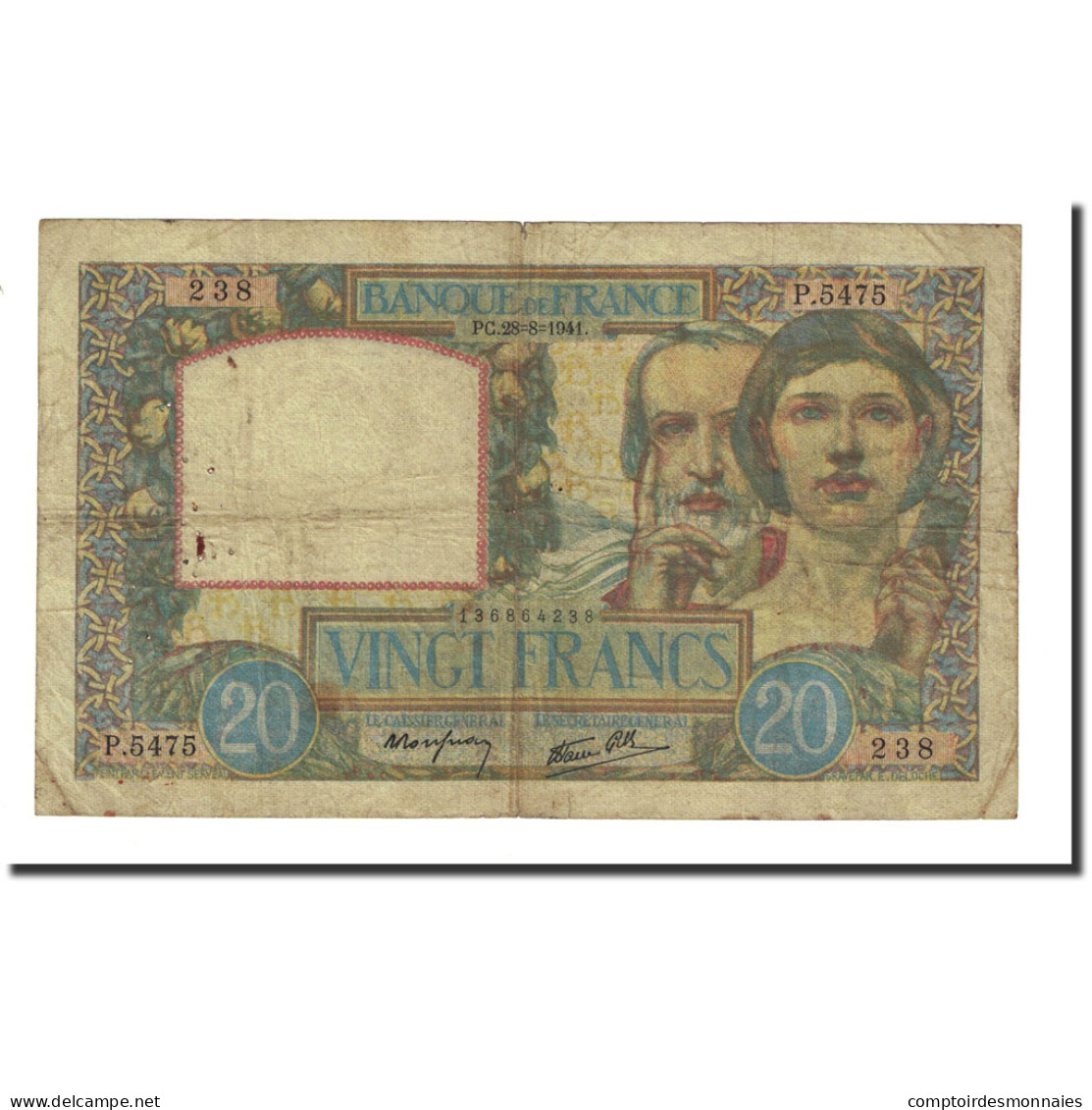 France, 20 Francs, 1941-08-28, TB, Fayette:12.17, KM:92b - 20 F 1939-1942 ''Science Et Travail''