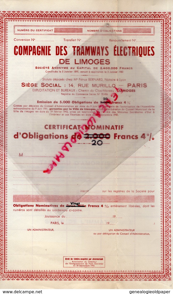 87- LIMOGES- TRES RARE CERTIFICAT NOMINATIF D' OBLIGATIONS DE 20 FRANCS COMPAGNIE DES TRAMWAYS ELECTRIQUES-TRAMWAY-1942 - Transport