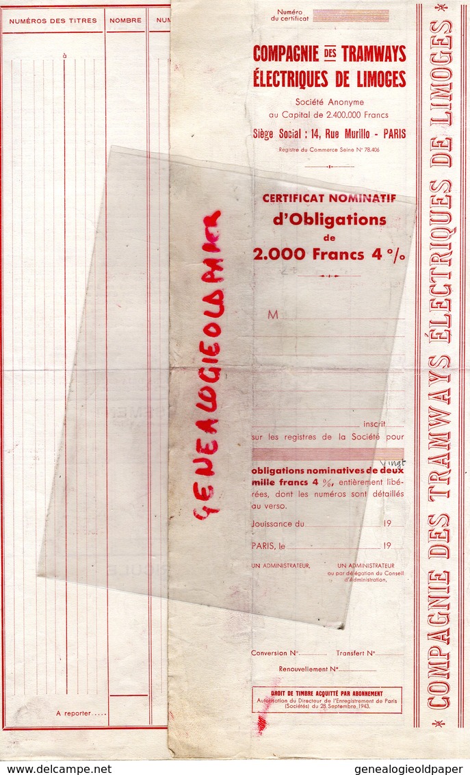 87- LIMOGES- TRES RARE CERTIFICAT NOMINATIF D' OBLIGATIONS DE 2000 FRANCS COMPAGNIE  TRAMWAYS ELECTRIQUES-TRAMWAY-19420 - Transporte