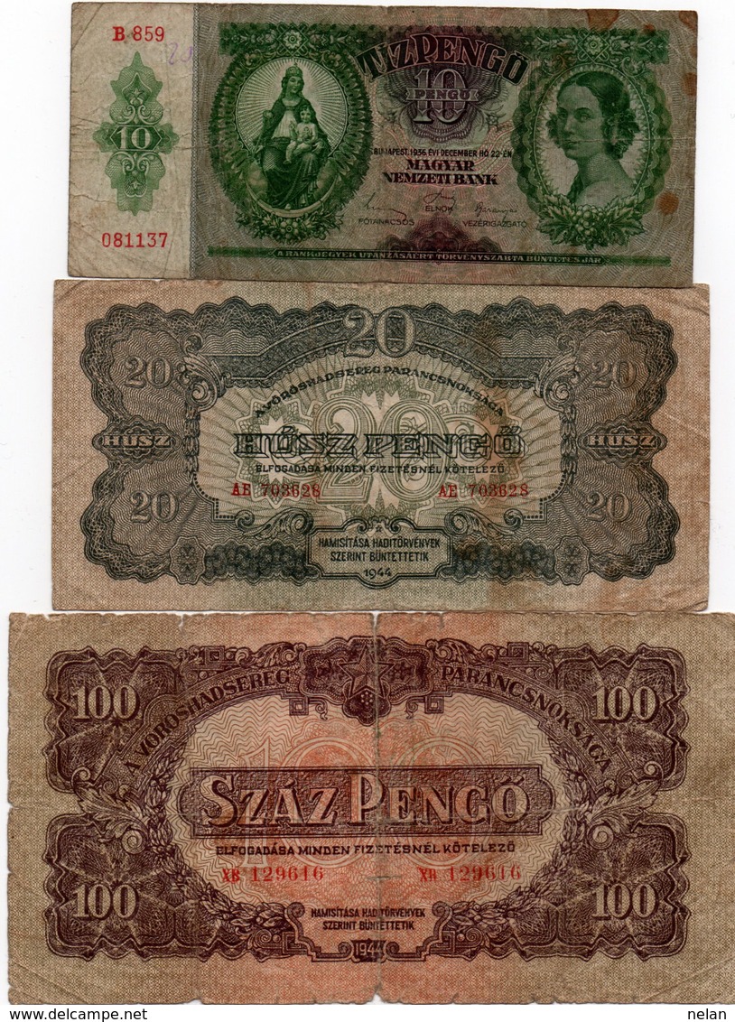 HUNGARY-LOTTO 3 BANCONOTE 10,20,100 PENGO 1936,44-CIRCOLATE - Ungheria