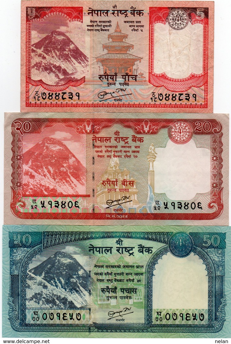 NEPAL-LOTTO 3 BANCONOTE-5,20,50 RUPEES -VF-XF-UNC - Nepal