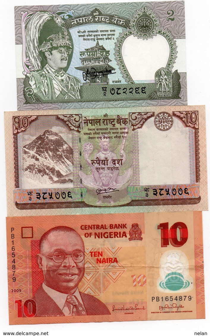 NEPAL-LOTTO 3 BANCONOTE-2,10 RUPEES-10 NAIRA NIGERIA -VF-XF-UNC - Nepal