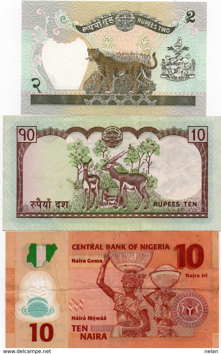 NEPAL-LOTTO 3 BANCONOTE-2,10 RUPEES-10 NAIRA NIGERIA -VF-XF-UNC - Nepal