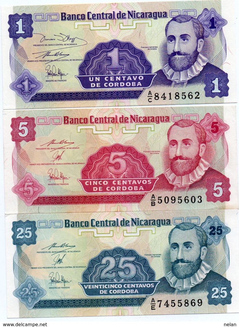 NICARAGUA-LOTTO 3 BANCONOTE1,5,25 CENTAVOS CORDOBA-UNC - Nicaragua