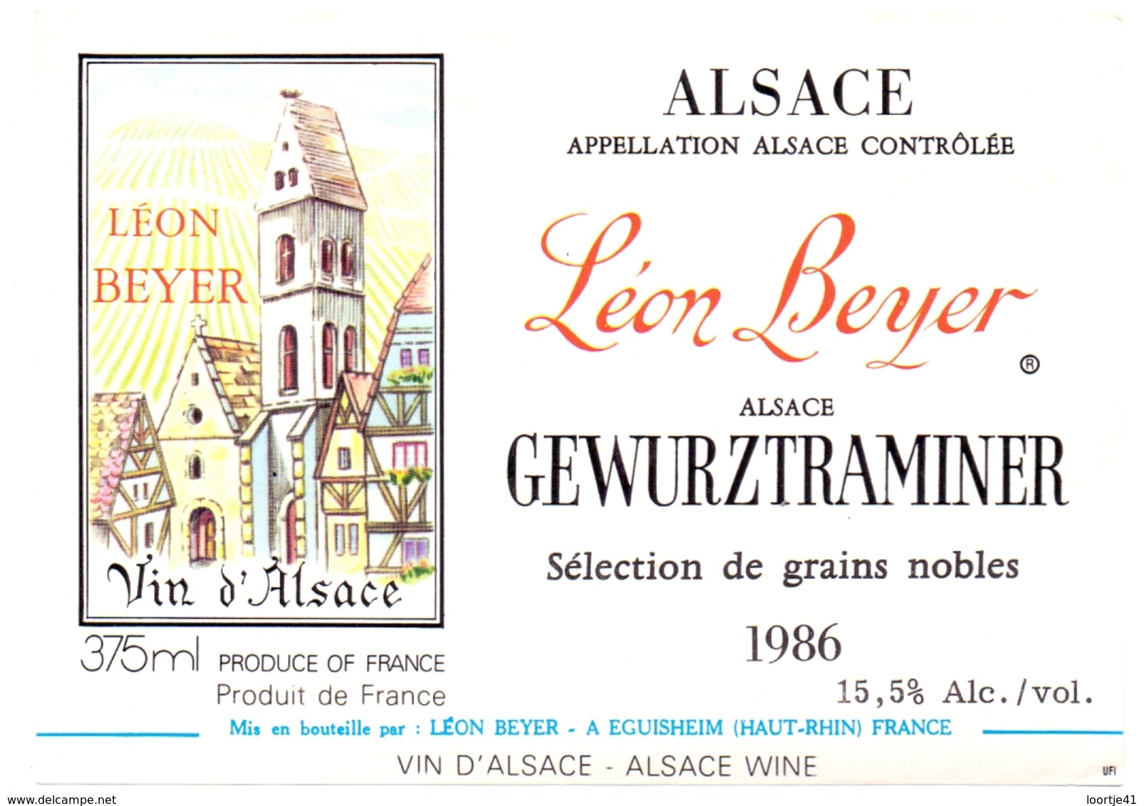 Etiket Etiquette - Vin - Wijn - D'Alsace - Gewurztraminer - Leon Beyer - Eguisheim 1986 - Gewurztraminer
