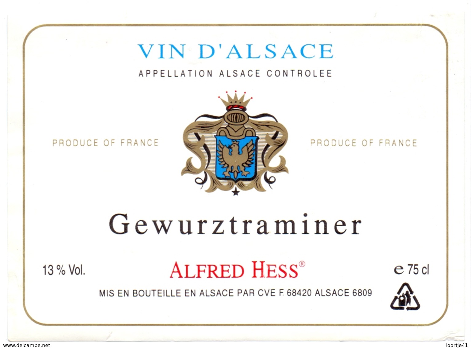 Etiket Etiquette - Vin - Wijn - D'Alsace - Gewurztraminer - Alfred Hess - Gewurztraminer