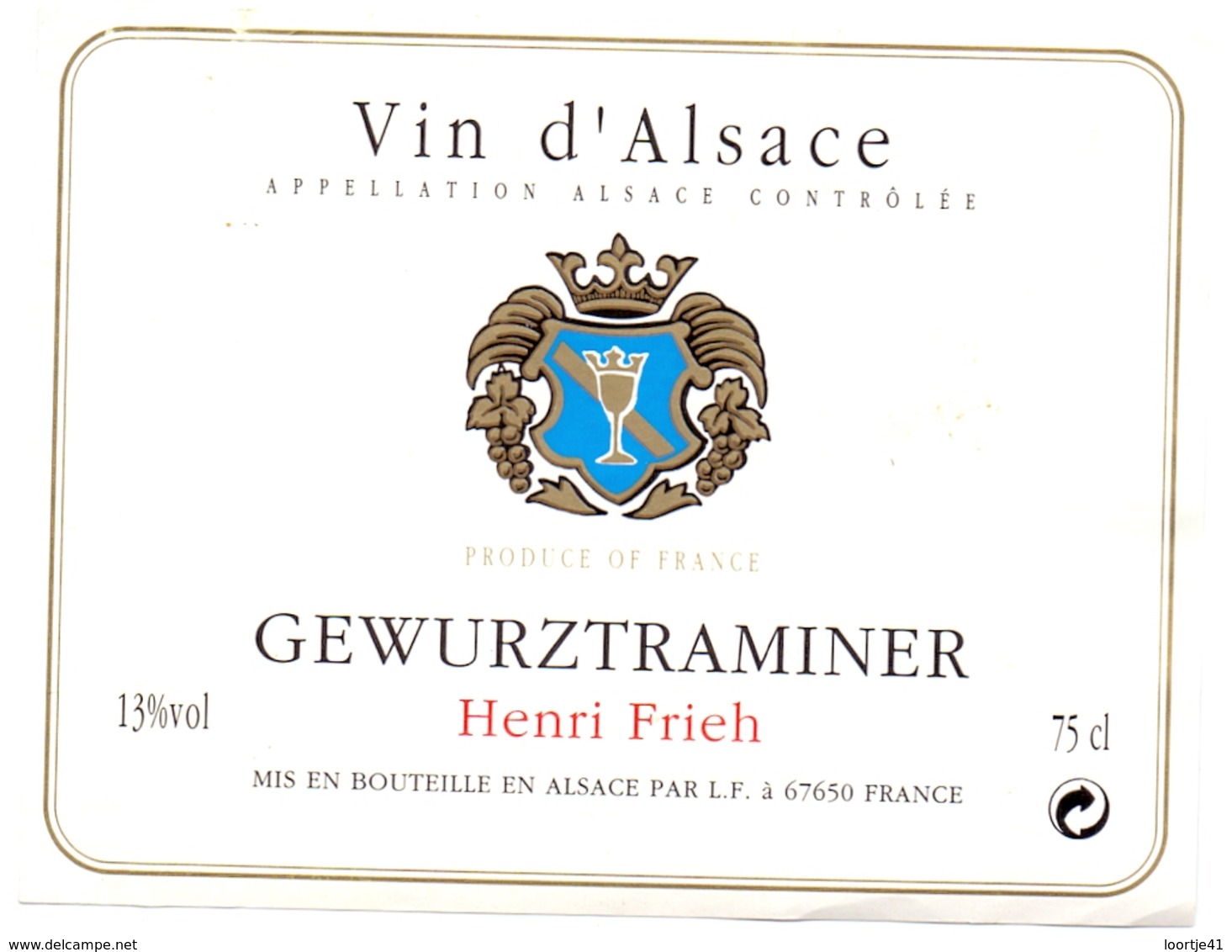 Etiket Etiquette - Vin - Wijn - D'Alsace - Gewurztraminer - Henri Frieh - Gewurztraminer