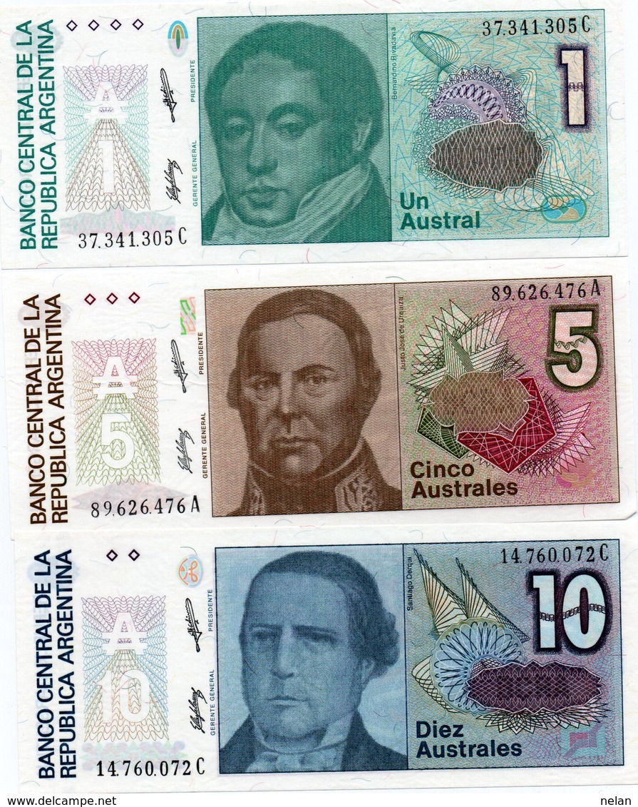 ARGENTINA-LOTTO 3 BANCONOTE-1,5,10 AUSTRALES -UNC - Argentina