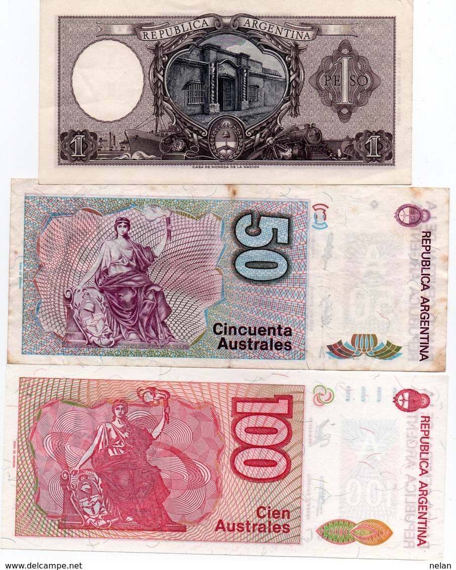 ARGENTINA-LOTTO 3 BANCONOTE-1 PESO-1962-UNC-50,100 AUSTRALES VF-UNC - Argentina