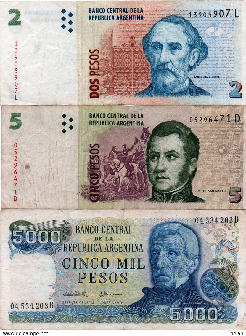 ARGENTINA-LOTTO 3 BANCONOTE-2,5,5000 PESO CIRCOLATE - Argentina