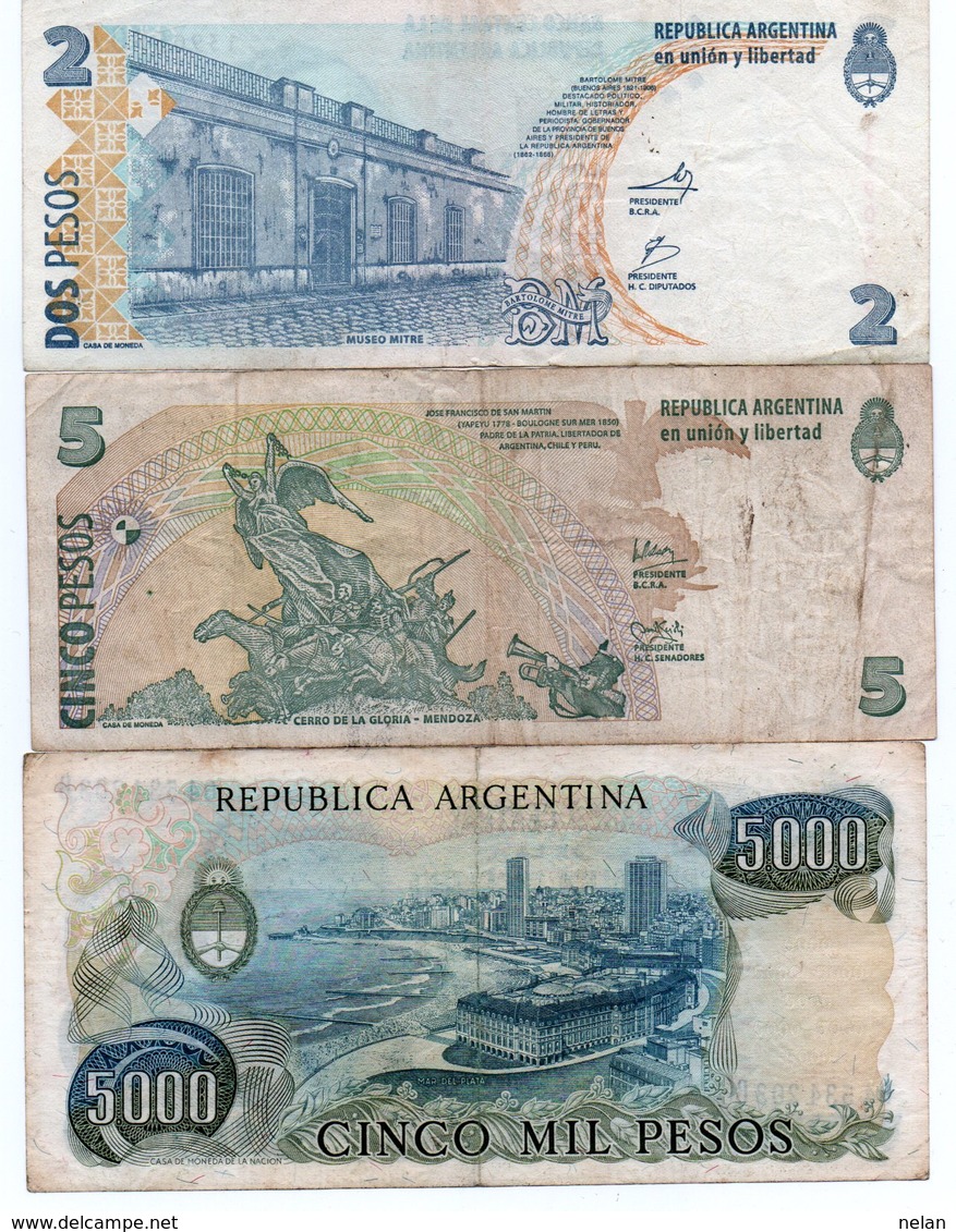 ARGENTINA-LOTTO 3 BANCONOTE-2,5,5000 PESO CIRCOLATE - Argentina