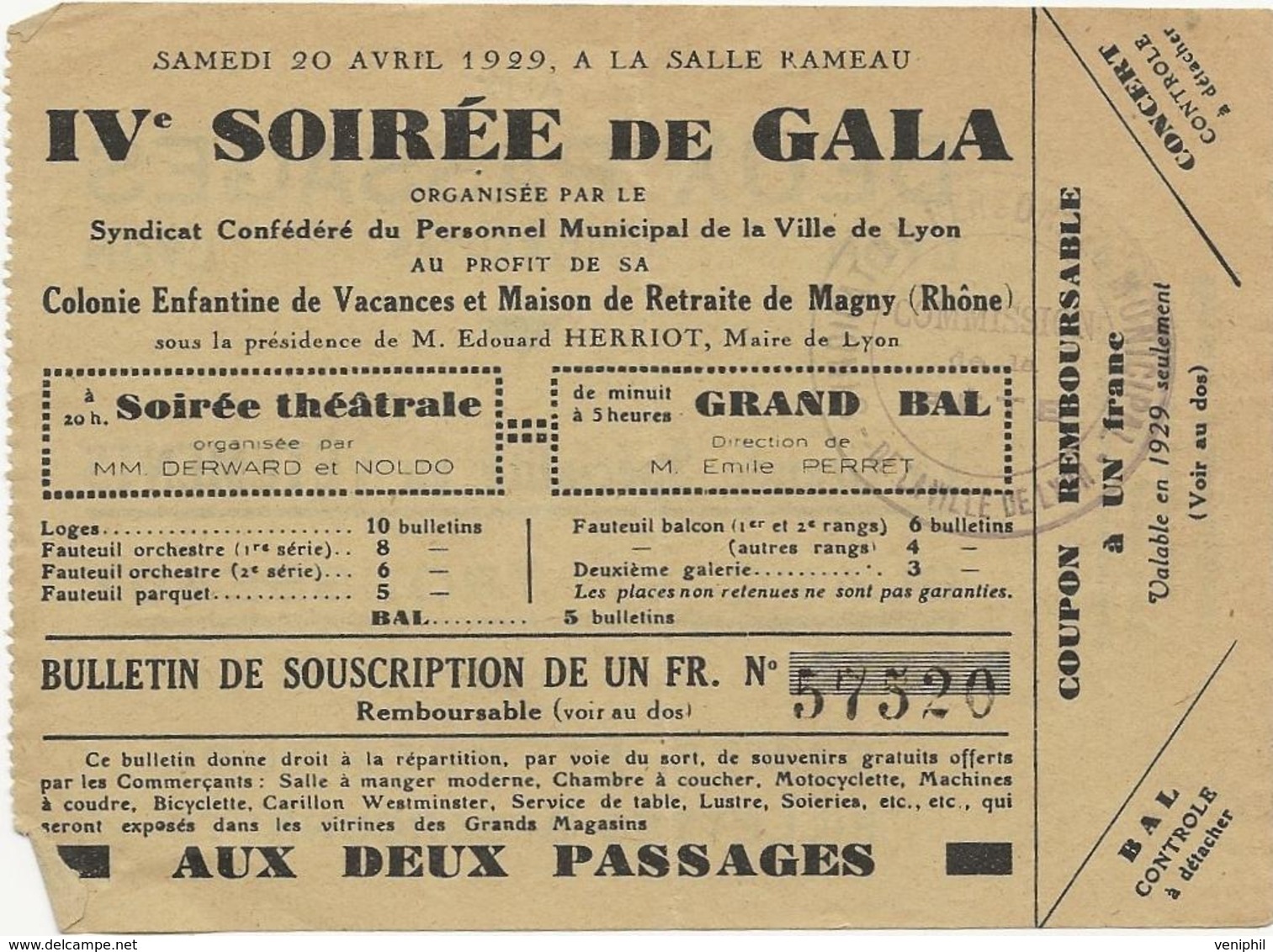 BULLETIN DE SOUSCRIPTION ET D'ENTRE IV SOIREE DE GALA  PERSONNEL MUNICIPAL VILLE DE LYON  -1939 - Tickets - Vouchers
