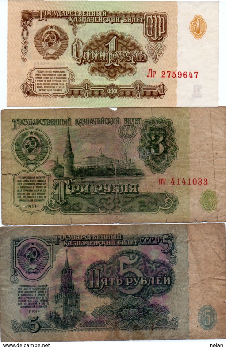 RUSSIA-LOTTO 3 BANCONOTE-1,3,5 RUB.-1961-2 CIRCOLATE-UNC - Russia