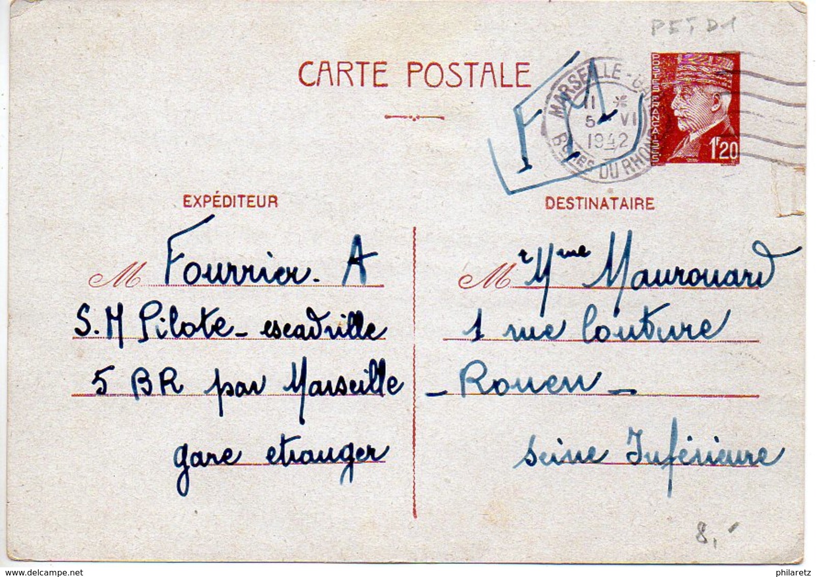 Carte 1f20 Pétain De 1942 Avec Mention Manuscrite FM - Expéditeur 'Pilote Escadrille 5 BR' - Cartes Postales Types Et TSC (avant 1995)