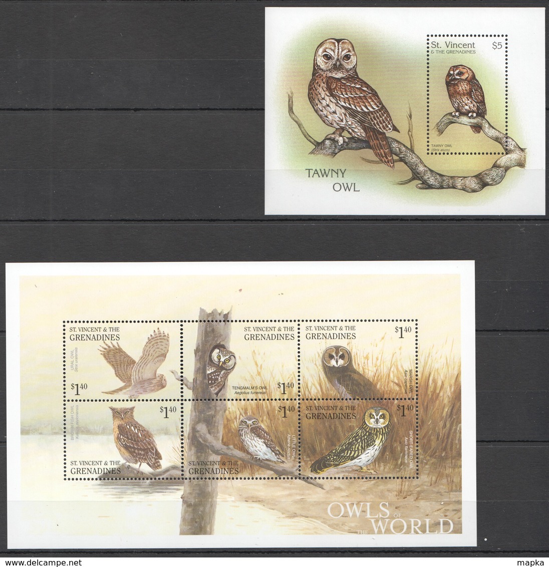 E724 ST.VINCENT FAUNA BIRDS OWLS OF THE WORLD TAWNY OWL 1KB+1BL MNH - Owls