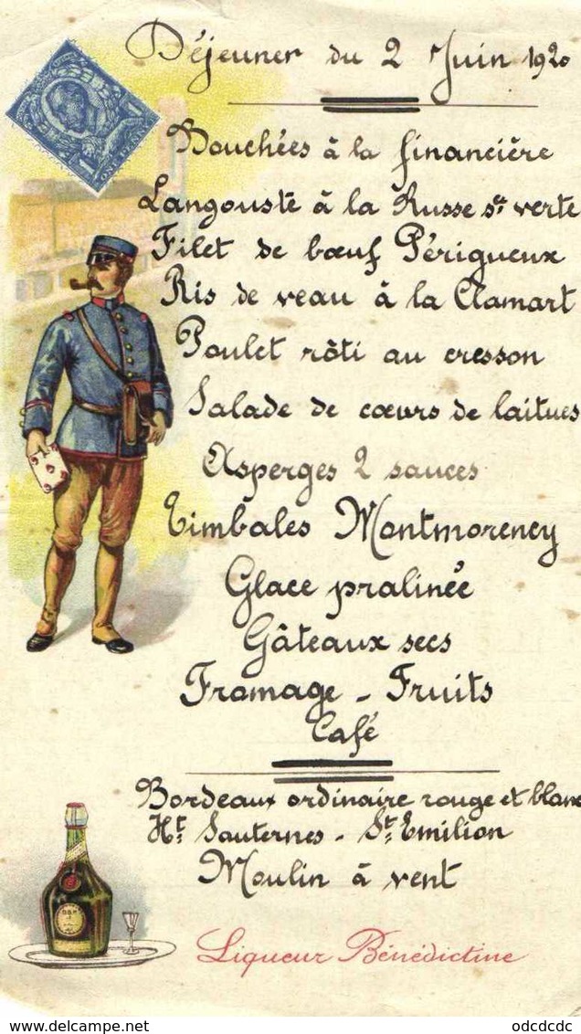 Déjeuner Du 2 Juin 1920 Representation Timbre Anglais Facteur Liqueur Benedictine - Menus