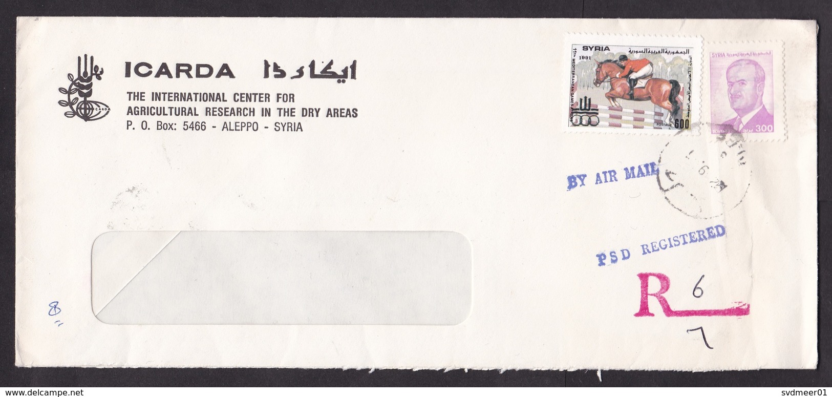 Syria: Registered Cover, 2 Stamps, Horse Jumping, Mediterranean Games, Sports, Assad (traces Of Use) - Syrië