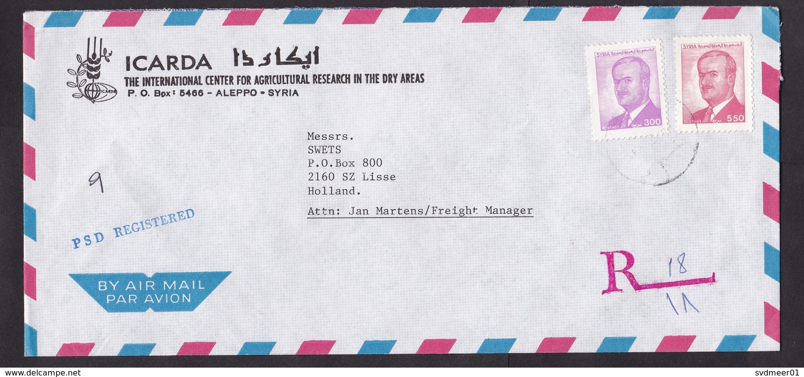 Syria: Registered Cover To Netherlands, 2 Stamps, President Assad (traces Of Use) - Syrië