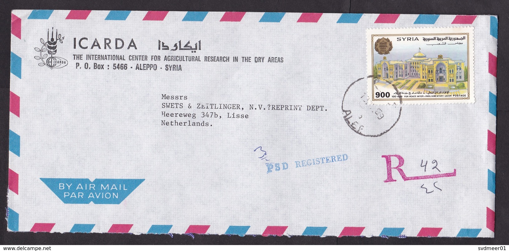 Syria: Registered Cover To Netherlands, 1 Stamp, Building Inter-parliamentary Union, Peace (traces Of Use) - Syrië