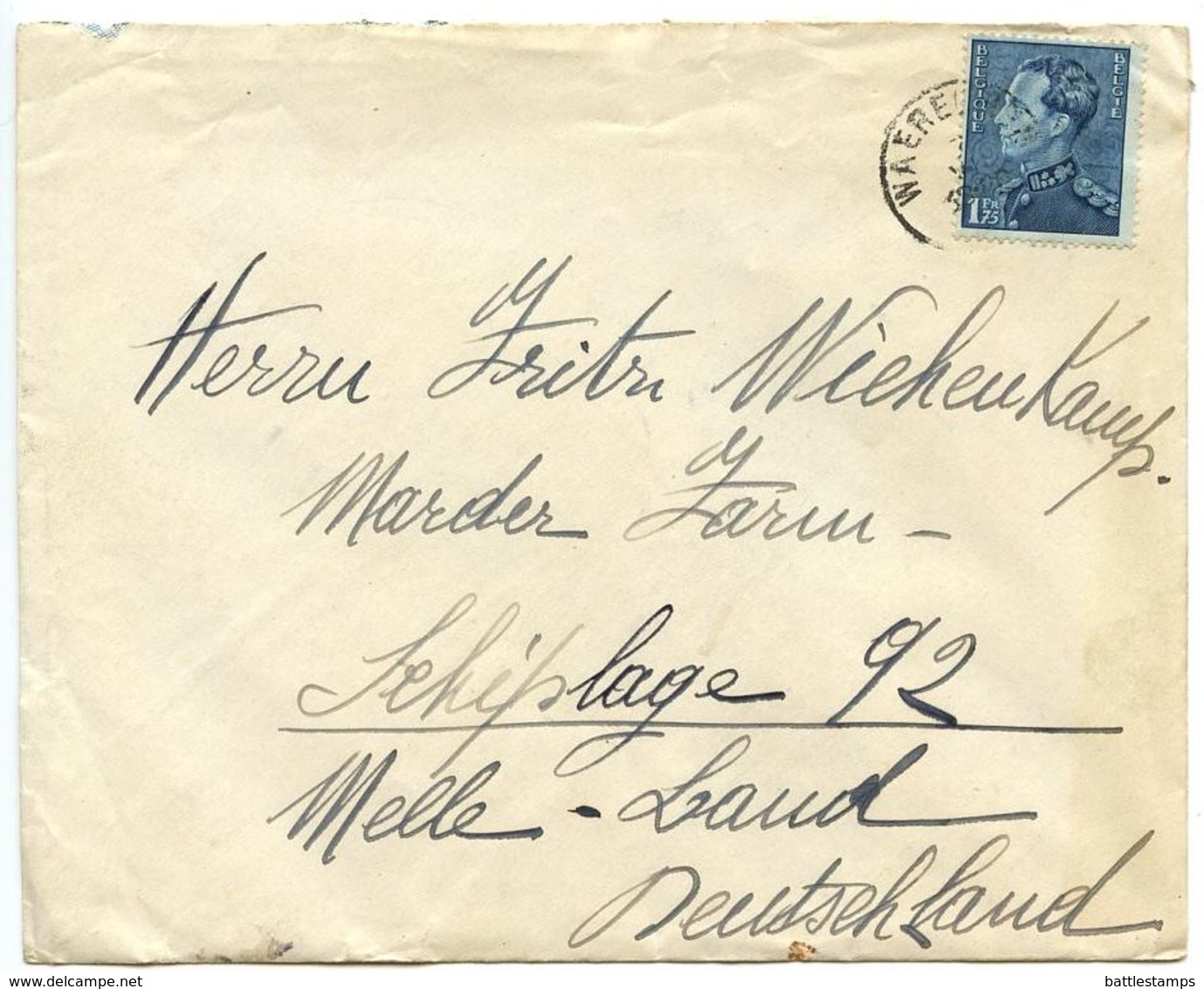 Belgium 1930‘s Cover Waereghem To Melle Germany, Scott 295 King Leopold III - Covers & Documents